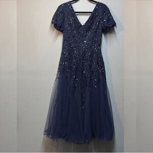 Mac Duggal Navy Sequin Midi Dress formal wedding size 6